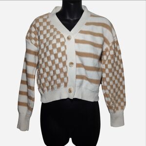 V Neck Cropped Cardigan Sweater Womens Small Stripe Checkered Preppy Trendy